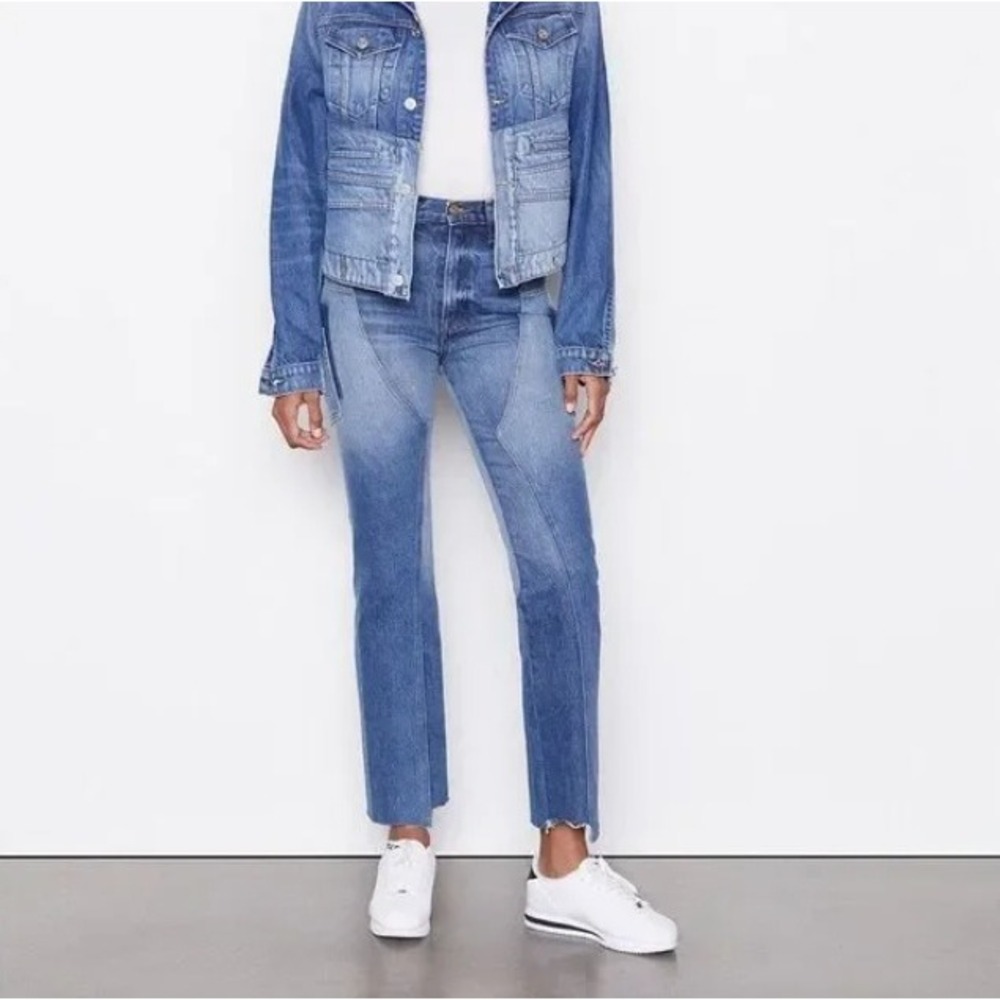 FRAME Enzo Wash High Rise Inverted Raw Hem Straight Leg Jeans Paneled Denim 26